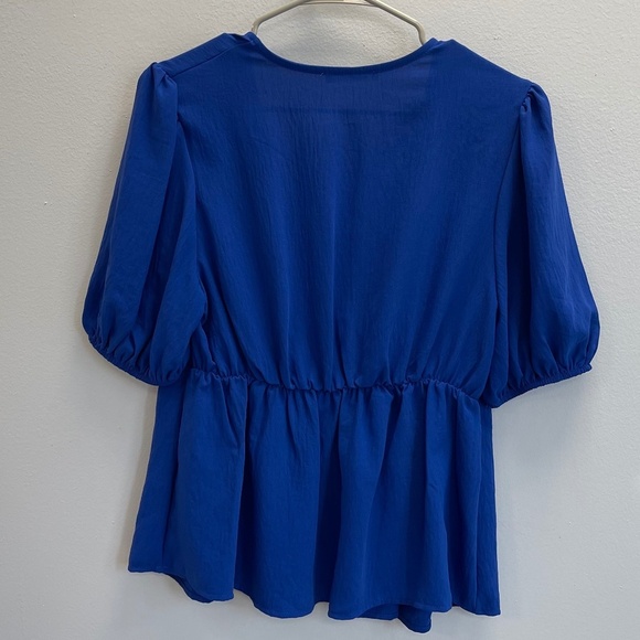 Magnolia Plunge Neck Royal Blue Peplum Blouse - Size Large - Picture 2 of 4